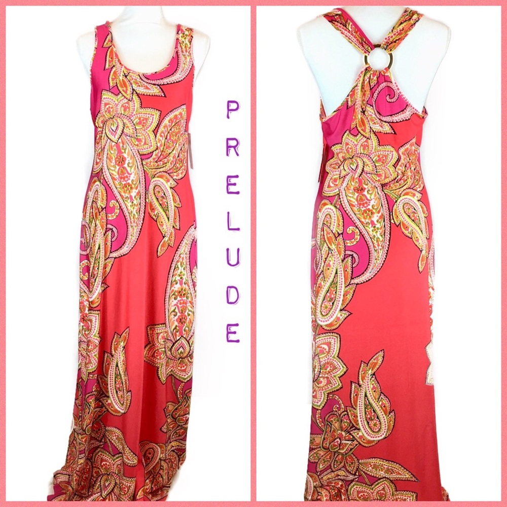 Prelude NWT Pink/Red/Gold Maxi Dress Size M